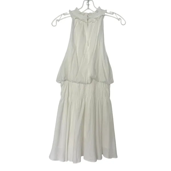 Glam White Halter Drop Waist Dress Sleeveless Ruffle Mini Dress Size Medium - Image 2
