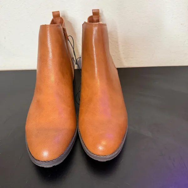 Cognac Brown Ankle Boots Womens 12 Lug‎ Sole Faux Leather Low Block Heel Zip - Image 8