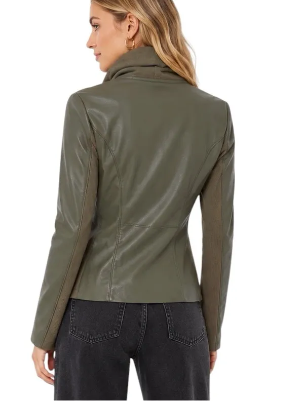 NWT BlankNYC Mixed Media Draped Moto Jacket Olive Green Size XS - Image 2