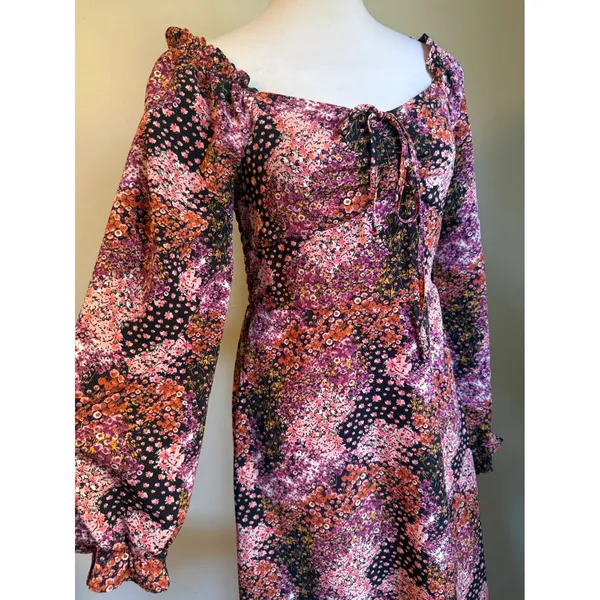 Long Sleeve Floral Midi Dress Smocked Off Shoulder m boho cotage whimsigoth retr - Image 2