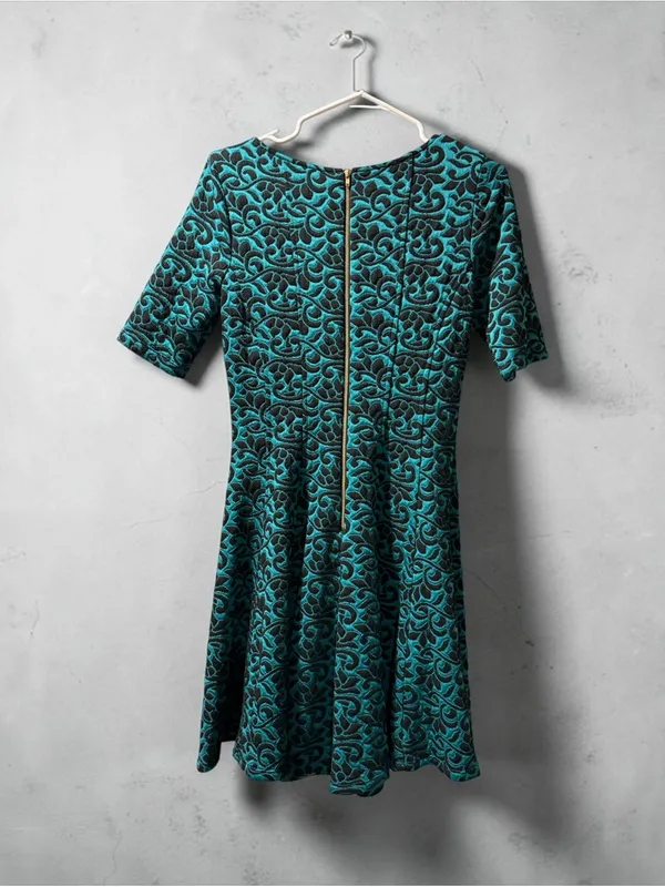 Danny & Nicole Teal and Black Damask Fit-and-Flare Dress - Image 3