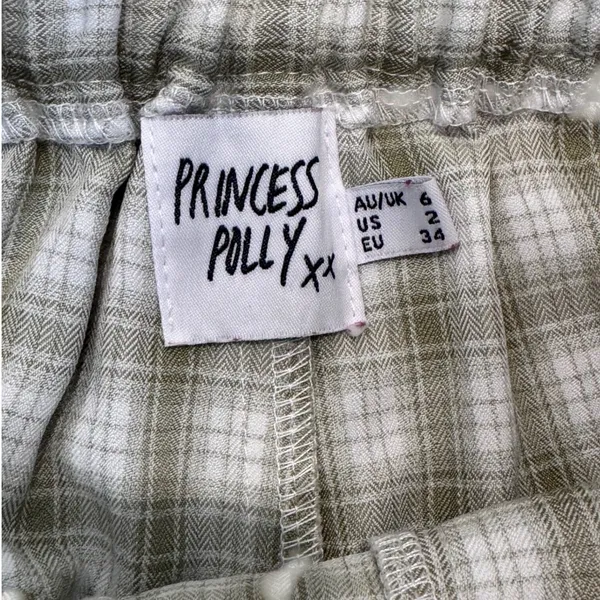 Princess Polly Plaid Wide Leg Pants Sage Green White High Waisted Side Slit Sz 2 - Image 6