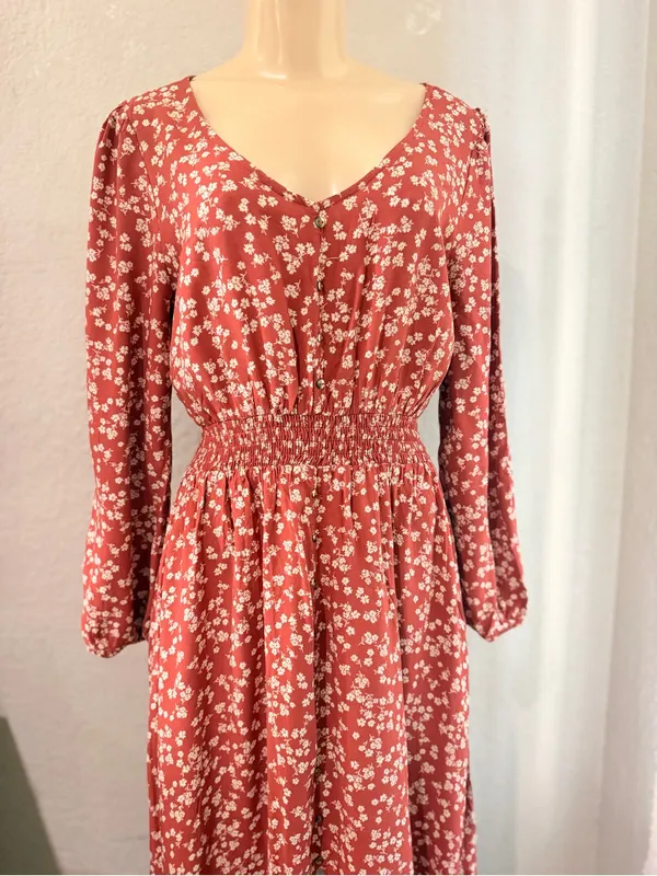 Índigo Rose Rust Floral V-Neck Midi Dress with Long Sleeves size L fall ready - Image 7