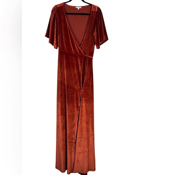 Baltic Born Orange Velvet Wrap Maxi Dress Womens L Fall Boho Hippie Classic - Image 2