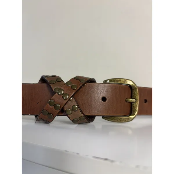 Lucky Brand Studded Leather Belt Women’s L Brown Brass Tone Buckle Boho Western - Image 2