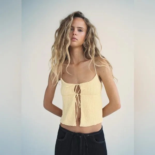 Zara tie front babydoll tank top bows butter yellow spaghetti straps cropped - Image 3