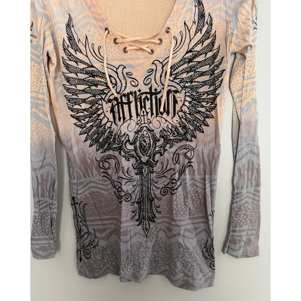 Affliction Nicolette L/S Rhinestone Cross & Wings T-Shirt Women's Size‎ Small - Image 5