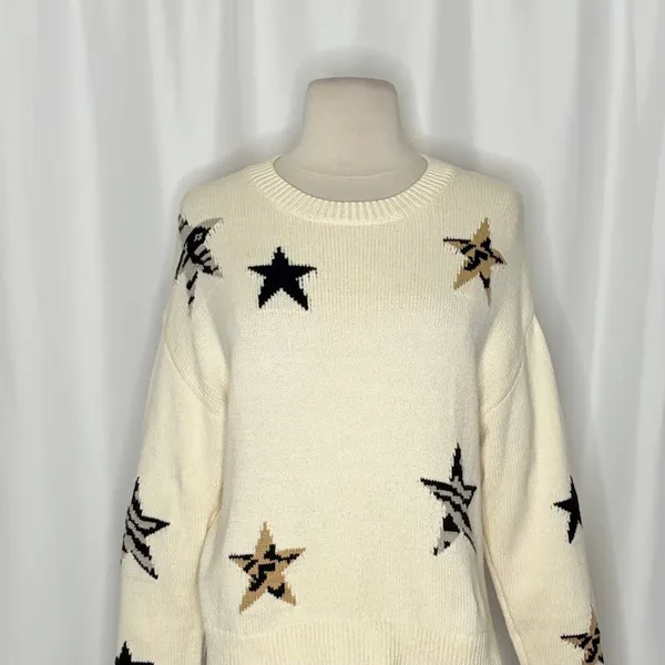 RAILS Perci Animal Star Sweater Ivory Black Camel Cotton Blend Knit X-Small - Image 3