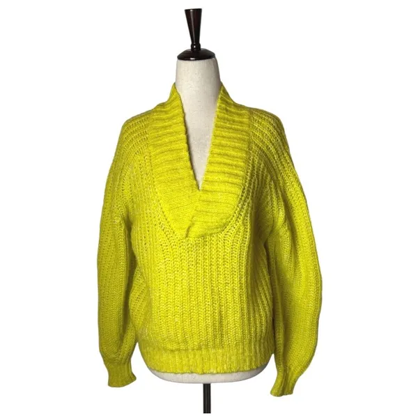 Anthropologie Sweater Women Small Yellow Neon Honore Ribbed Wool Blend Preppy‎ - Image 2