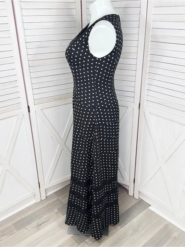 Anne Klein Polka Dot Lace Inset Sleeveless Maxi Dress Black White 12 Chiffon - Image 2