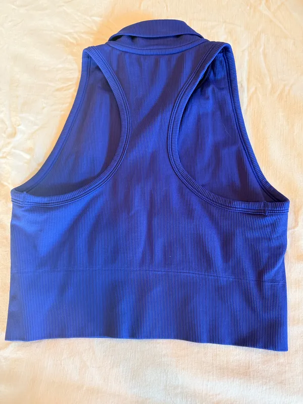 Athleta Ribbed High Neck Collared Longline Sports Bra Tank Blue Size M - Image 2