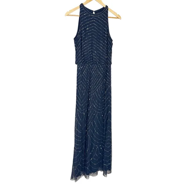 Adrianna Papell Navy Blue Sleeveless Blouson Beaded Cocktail Formal Gown Size 6 - Image 3