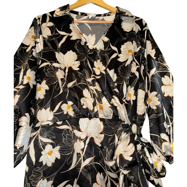 Naif Faux Wrap Satin Dress‎ Women's XL Balloon Sleeve Lilly Floral Wedding Event - Image 2