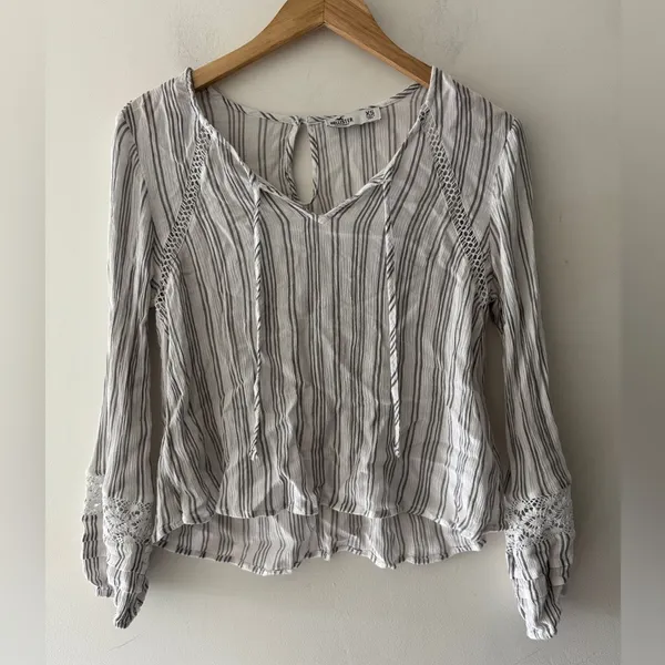 Hollister White Striped Long Sleeve Lace Detail‎ Top - Image 4