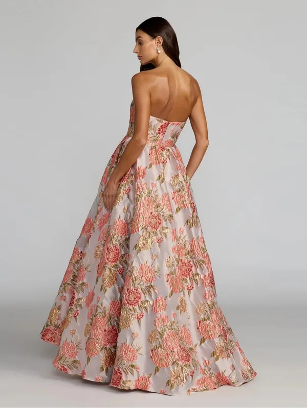 MAC DUGGAL 69169 Pink Strapless Floral Brocade Ball Gown With Pockets Size 2 - Image 6