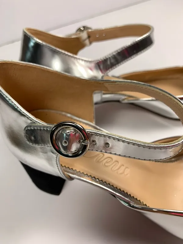 J.Crew Maisie Womens 9.5 Silver Leather Mary Jane Block Heel Black Cap Toe Shoes - Image 13