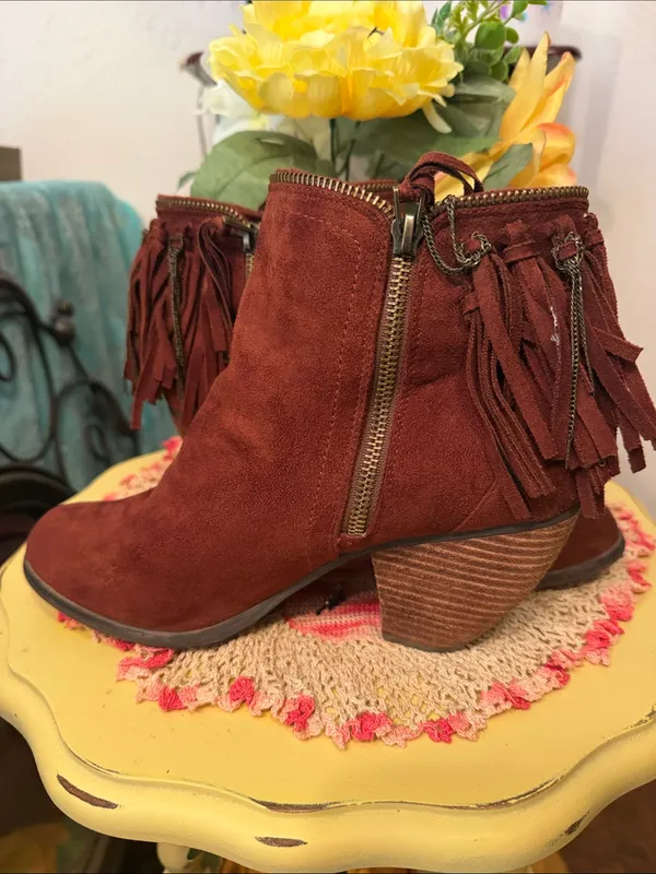 😍😍😍BOGOHO😍😍😍Women's Suede Fringe Ankle Boots - Rust-10 - Image 3