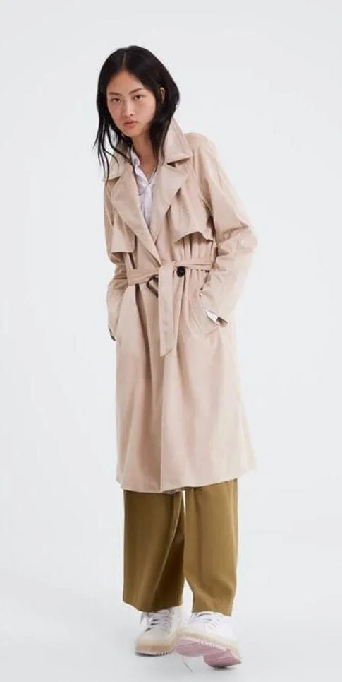 Zara Tan Trench Coat XS Faux Suede Double Breasted Belted Classic Mid Length - Image 8
