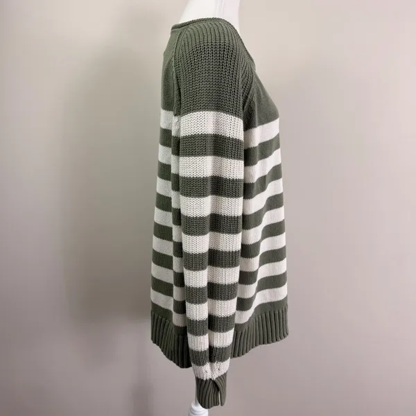 Aerie Olive Green Cream Striped Oversized Raglan Shaker Knit Sweater Size Medium - Image 2