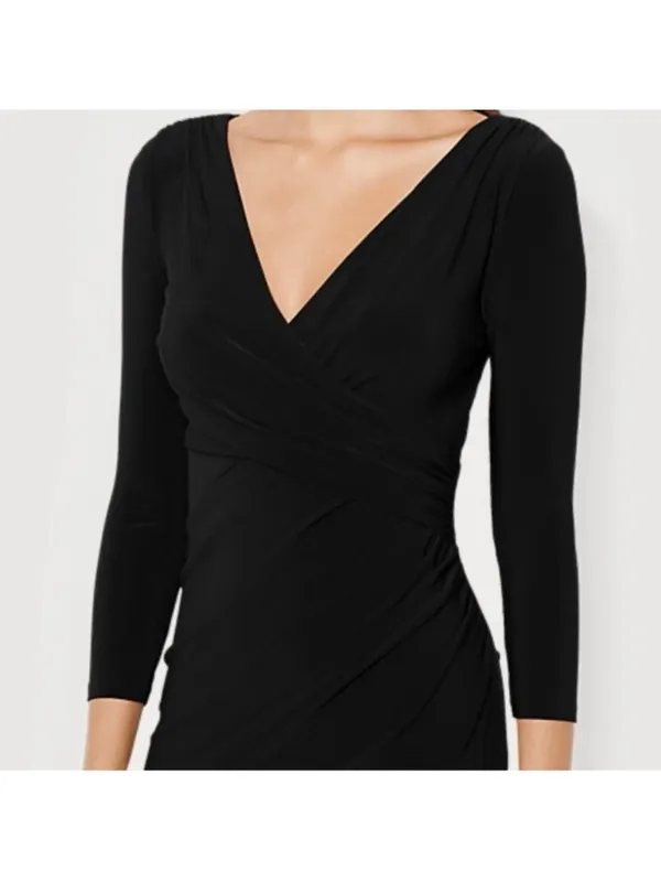 Lauren Ralph Lauren Faux Wrap V-Neck Black Dress Size 4 - Image 3