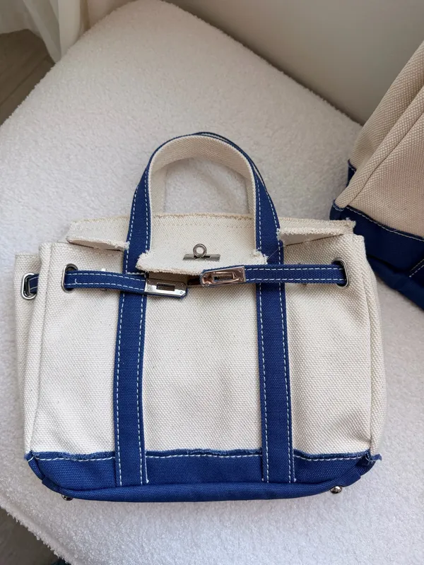 Boatkin Large & Mini Canvas Boat Tote Bag Navy Blue with Silver Belted closure - Image 4