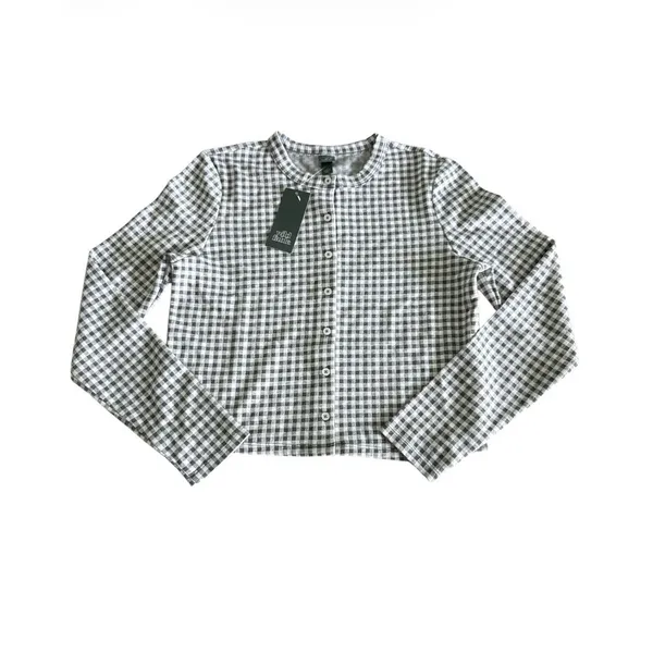 Wild Fable NWT Gingham Cropped‎ Cardigan Sweater Small Gray & White Button Down - Image 3