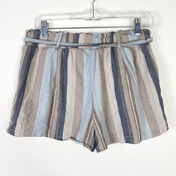Purple Snow Tan & Blue Striped Paperbag Belted Tie Waist Shorts Size L - Image 2
