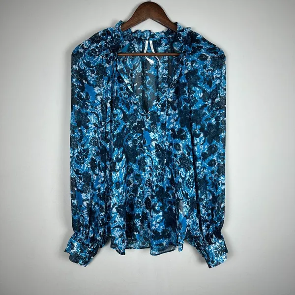 By Anthropologie Blouse Top Womens Large Blue Sheer Floral Boho Long Sleeve‎ Tie - Image 4
