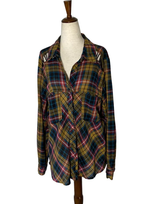 FREE PEOPLE Shoulder Cutout Plaid Shirt - Image 2