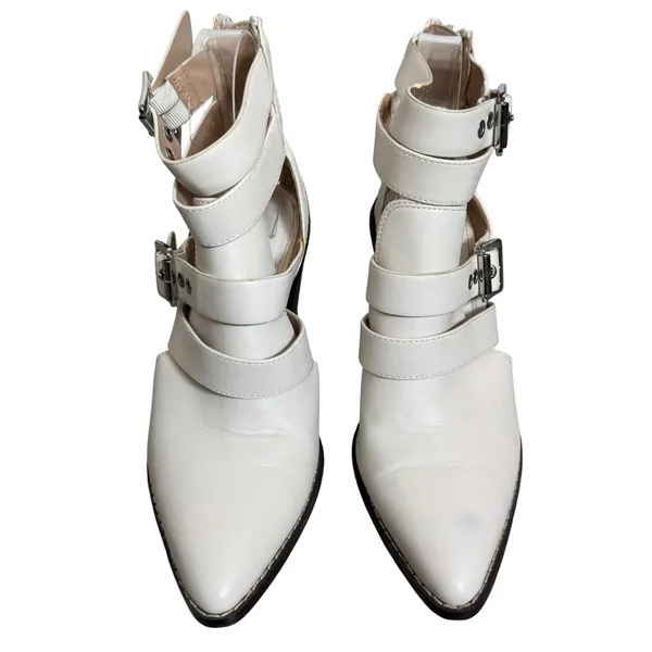 BCBGeneration Dani Pointed Toe Bootie Chunky Heels Size 7 White Buckle Straps - Image 4