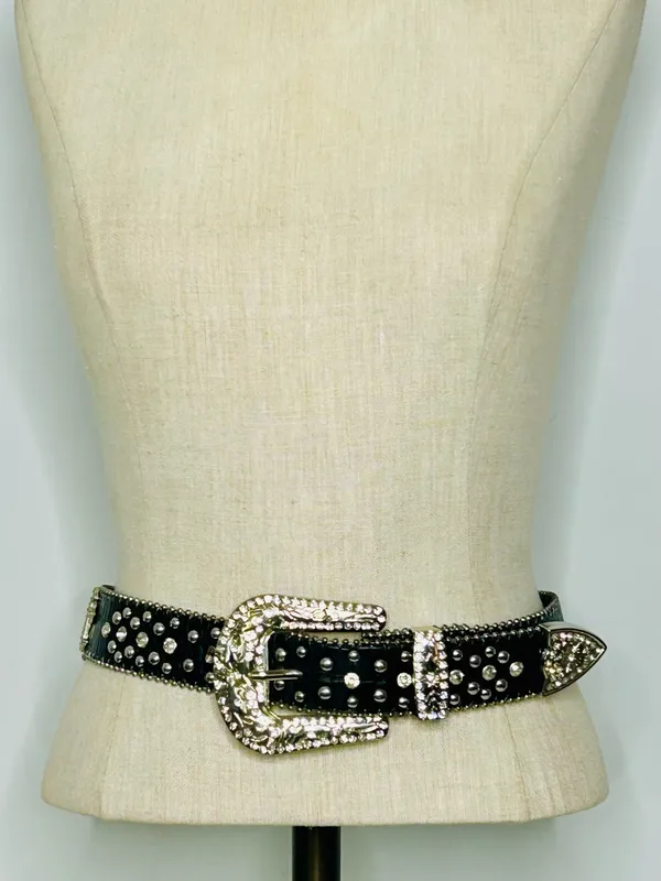 Western Black Leather Belt with Crystal Studded Rhinestones, Engraved Buckke - Image 5