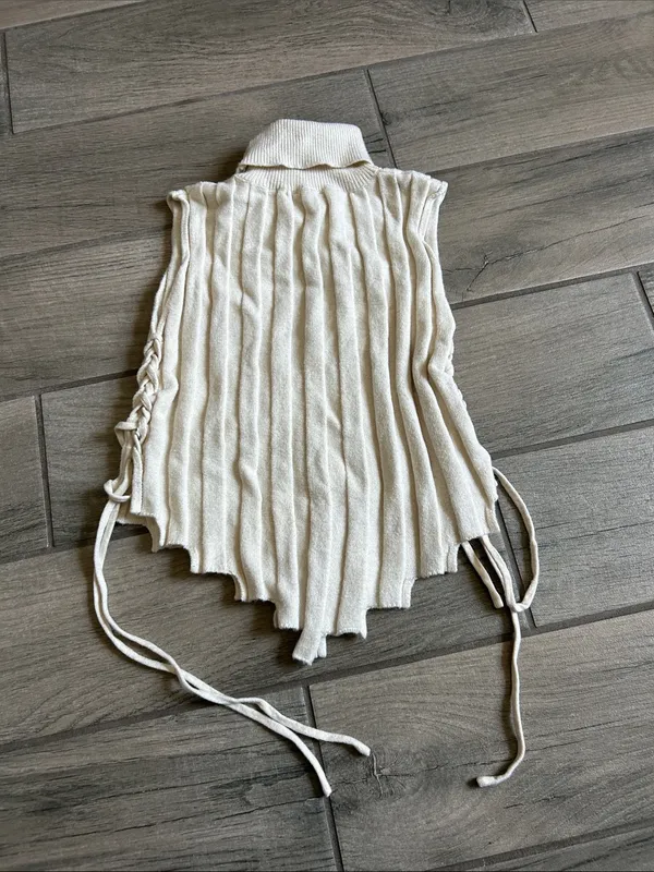 Cream Ribbed Turtleneck Dickey with Side Ties - Image 3