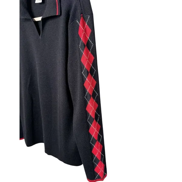 Talbots Vintage Black Red Argyle Long Sleeve V-Neck Polo Sweater SZ L - Image 6