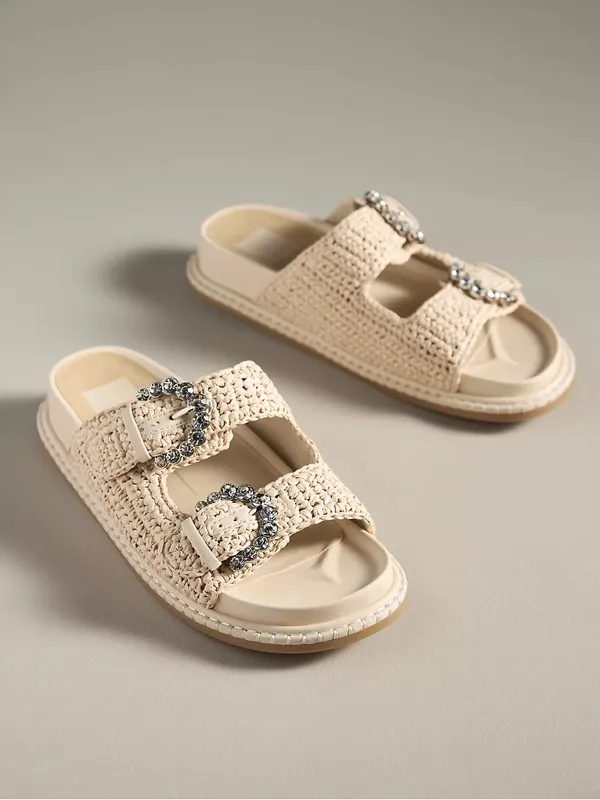 Anthropologie Dolce Vita Size 8 Shauny Crystal Buckled Slide Sandals Tan Beige‎ - Image 7