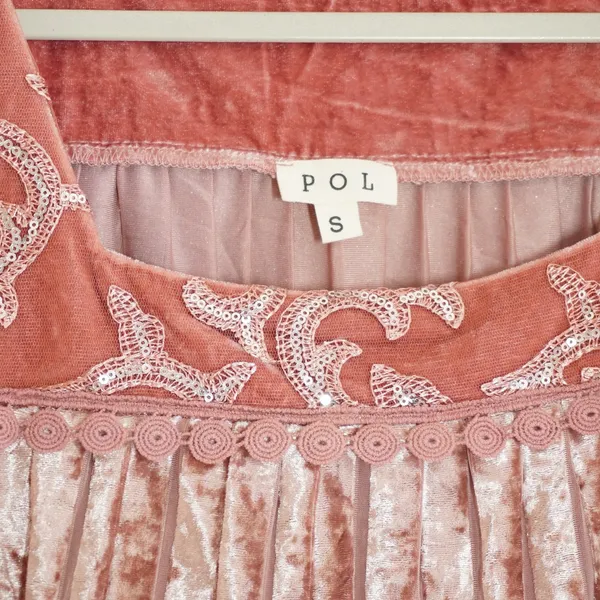 POL Size Small Pink Velvet Burnout Shirt Blouse Sequin Embroidered Ruffle Boho - Image 4