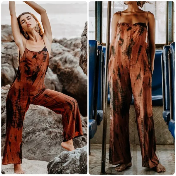 Fara Boutique Womens Mysore Tigers Eye Tie Dye Silk Boho Artsy Earthy Jumpsuit S - Image 2