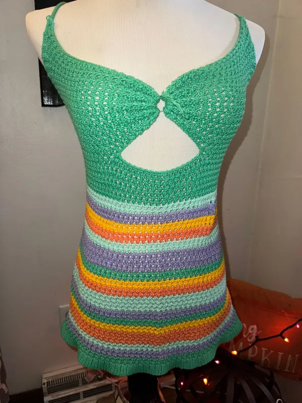 Crochet mini dress in green and purple hues - Image 3