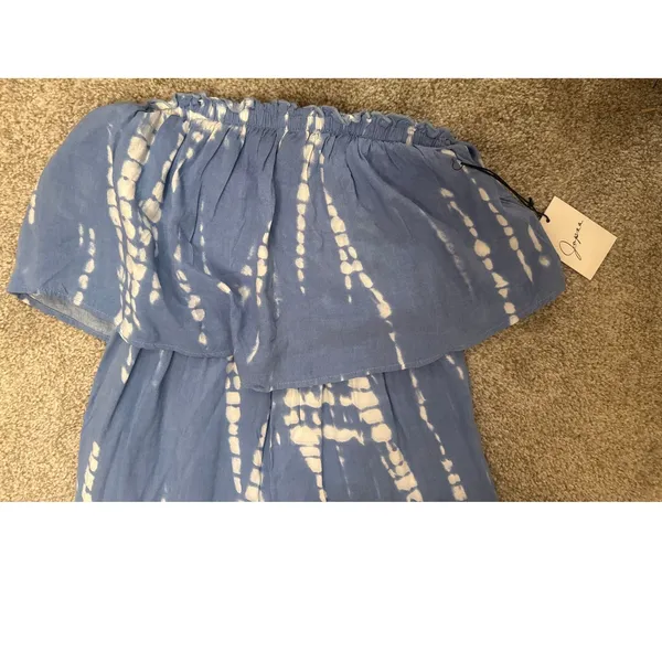 Japna NWT Strapless Tie Dye Jumpsuit XS Blue White Rayon Wide Leg Ruffle Boho - Image 3
