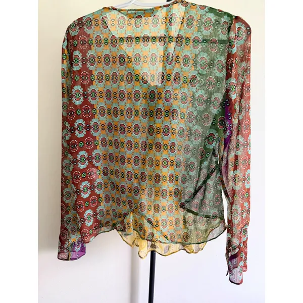 Zara Women Multi Color Patchwork Geometric Print Tie Front Beaded Blouse Medium - Image 5