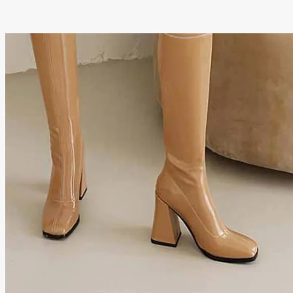 Liquid leather stacked tall Stylish Tan Women's Boots size 8 - Image 2