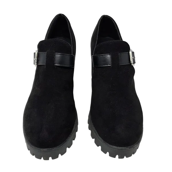 Black Faux Suede Chunky Lug Sole Platform Slip On Buckle Mary Jane Shoes Size 39 - Image 2