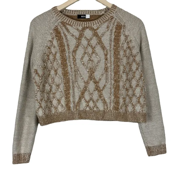 BDG Cable Knit Diamond Pattern Cropped Sweater Tan Cream Boho Cozy Size S - Image 2
