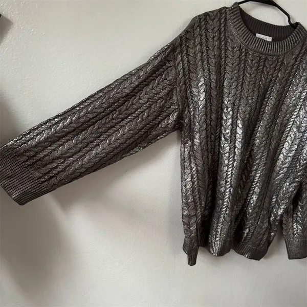 Topshop Premium Womens S Metallic Gray Chunky Knit Oversized Sweater Pullover - Image 9