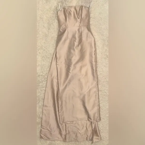 NEW Alfred Sung Strapless Satin Twill Column Gown Removable Train Champagne 14 - Image 3