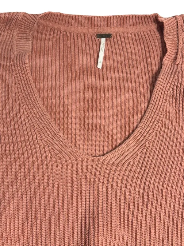 Free People Allure Plunge V Neck Sweater Ribbed Pink Cinch Waist Sleeves Sz L - Image 3