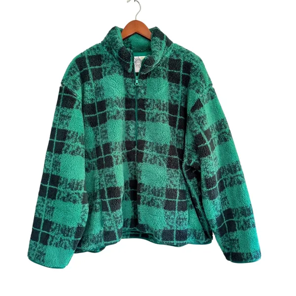 Aerie OFFLINE Green Black Plaid Quarter Zip Fleece‎ Pullover XXL/TTG - Image 2