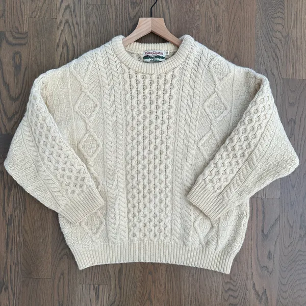 Anthropologie Vintage Celtic Country 100% Wool Irish Cable Knit Crew Neck Sweater Cream Large - Image 4