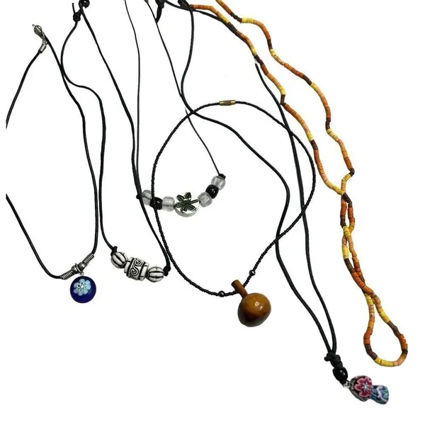 Jewelry lot of 6 necklaces - Painted wooden mushroom pendant, floral hippy, and - Image 6