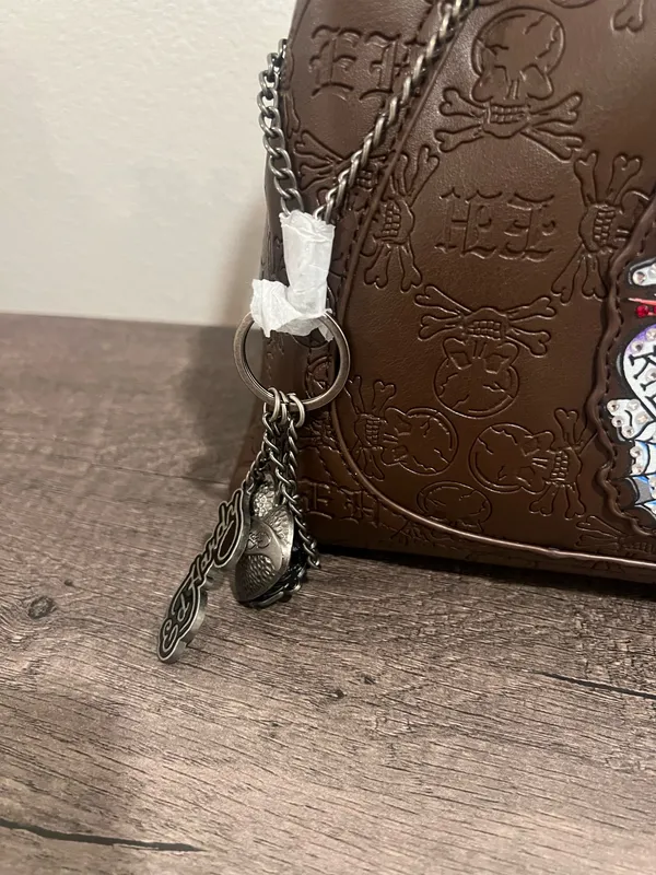 Chocolate Brown Embossed Shoulder Bag with Skull Patch by Ed Hardy - Image 4