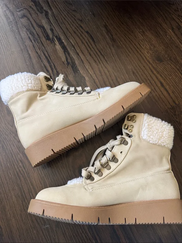 JustFab Cream Sherpa-Lined Lace-Up Ankle Boots - Image 6